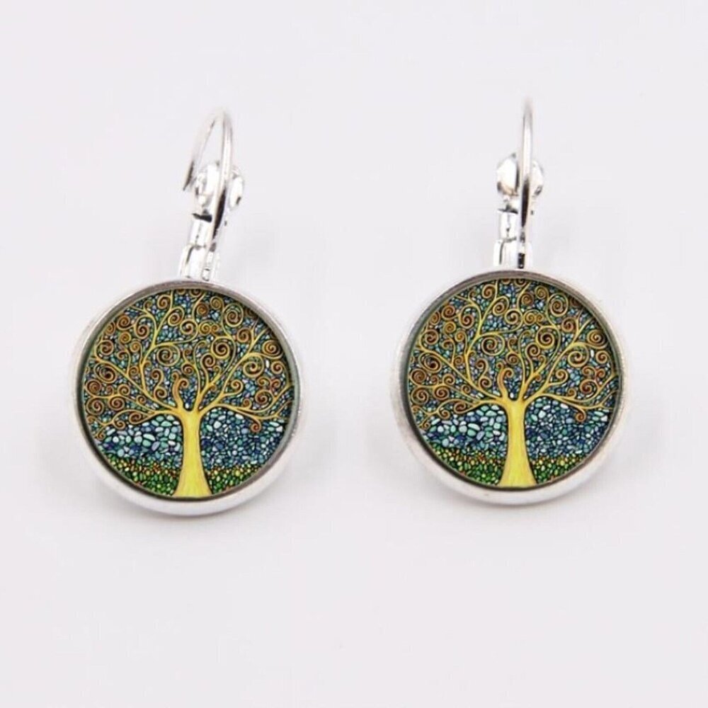 Klimt Tree of Life Glass Cabochon Silver Plated Handmade Leverback Earrings